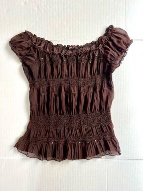 Y2K One Love Sequin Puff Sleeve Square Neck Blouse Brown Women’s M Fairycore
